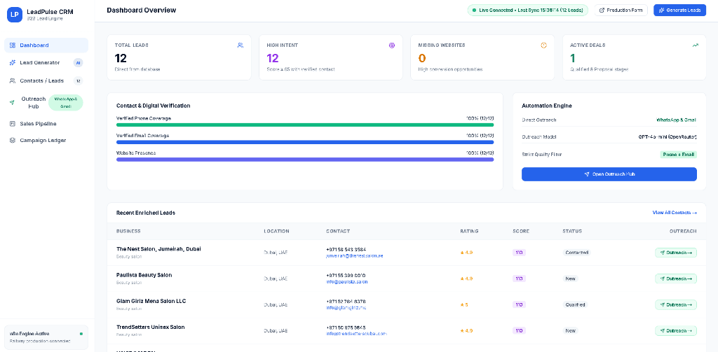 LeadPulse CRM, B2B Lead Engine & Automated Outreach Hero Section
